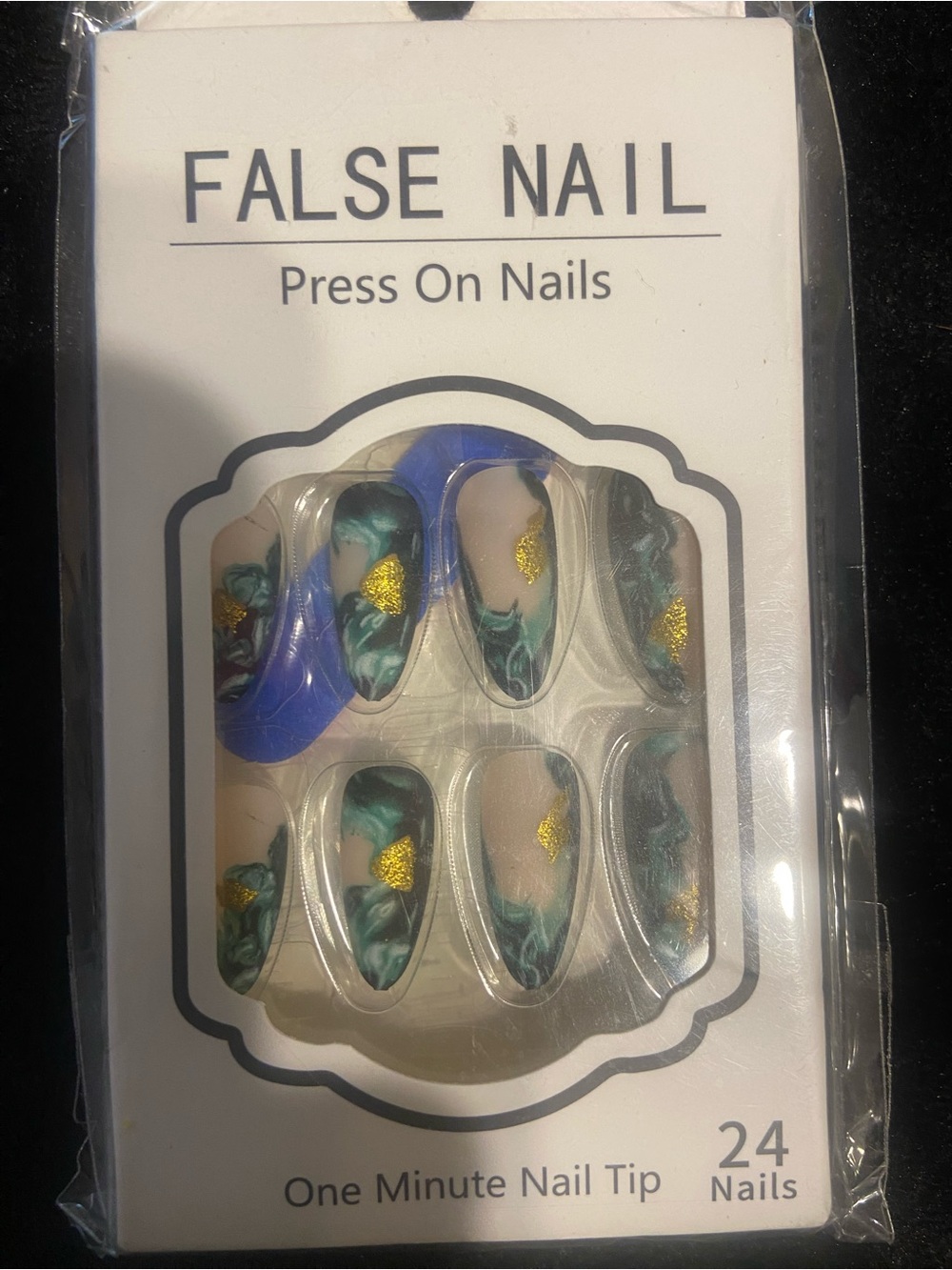 Press-On False Nails with Green Marble & Gold Accents